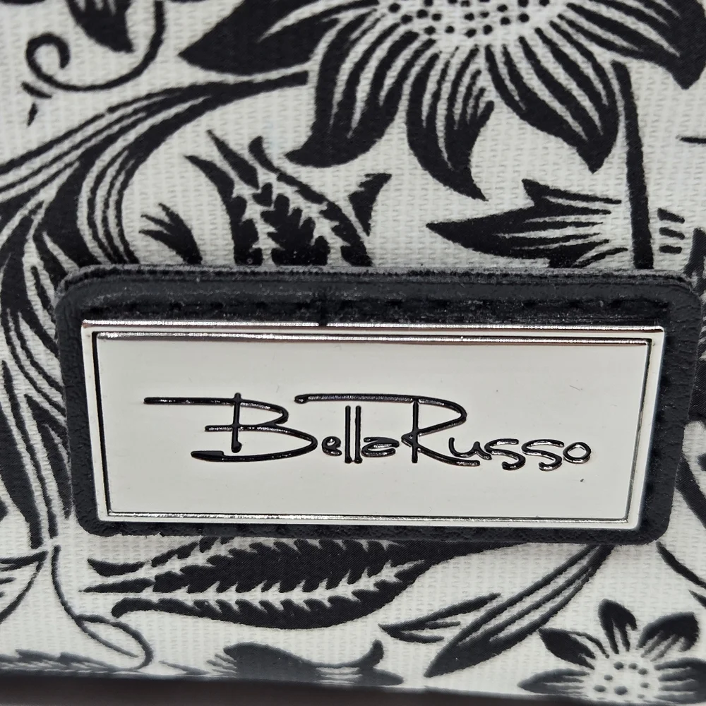 Bella Russo Makeup Bag Black & White Floral Design Zipper Closure Top Handle